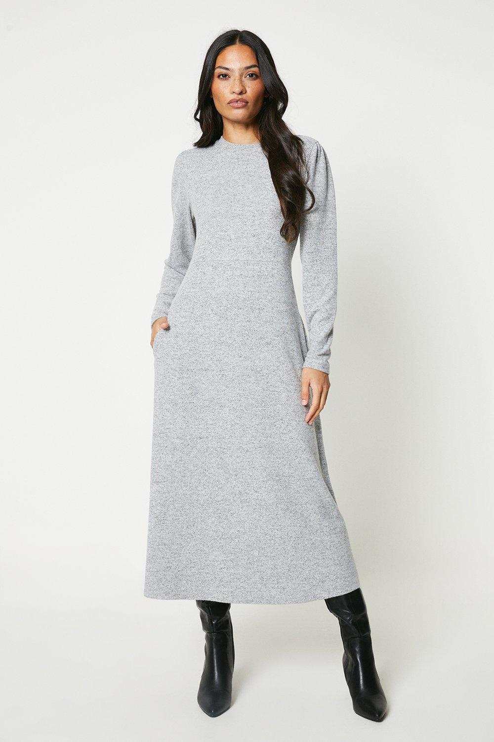 Women’s Brushed Soft Touch High Neck Fit And Flare Midi Dress - grey marl - 8